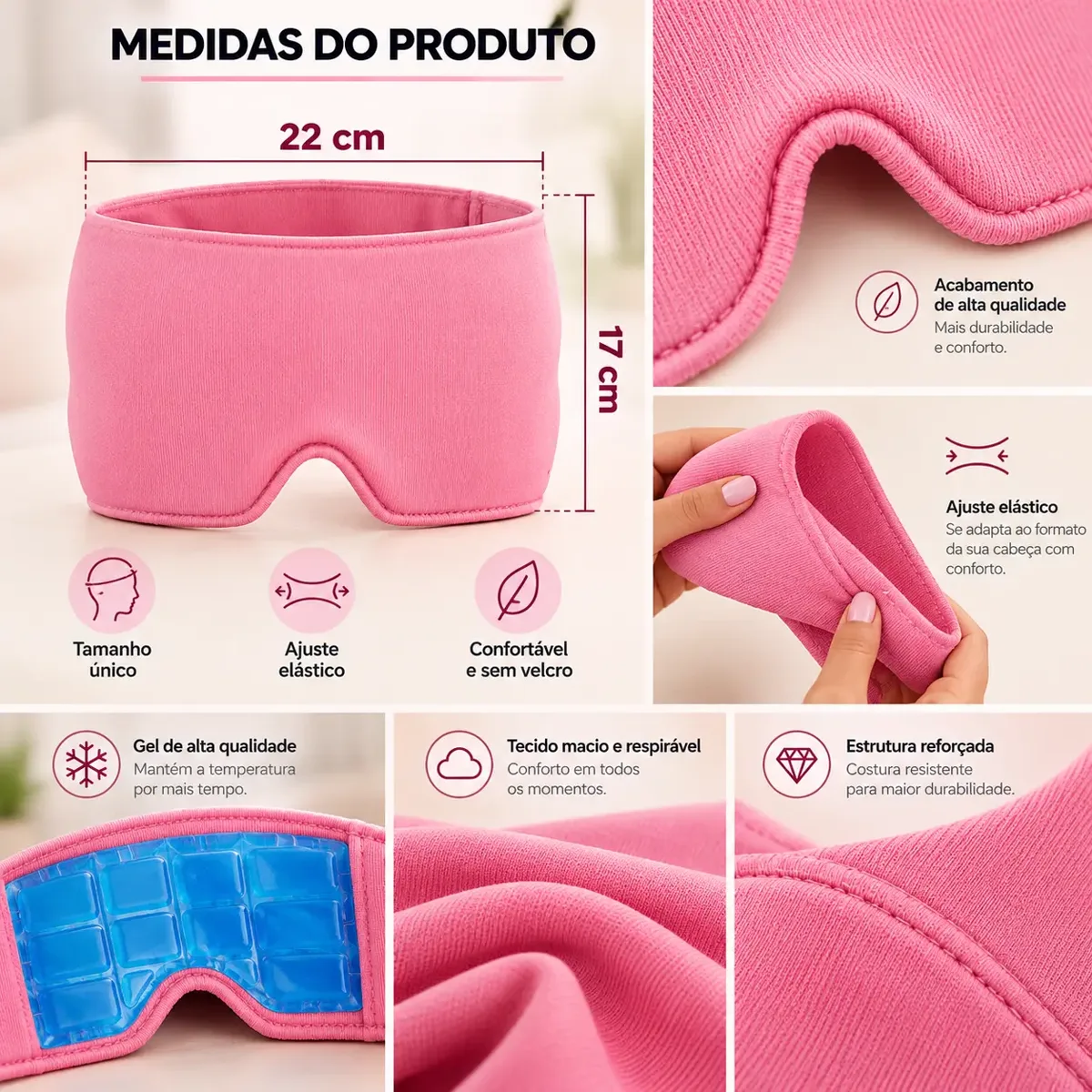 Infográfico da touca com medidas de 22 cm de largura por 17 cm de altura e detalhes de acabamento