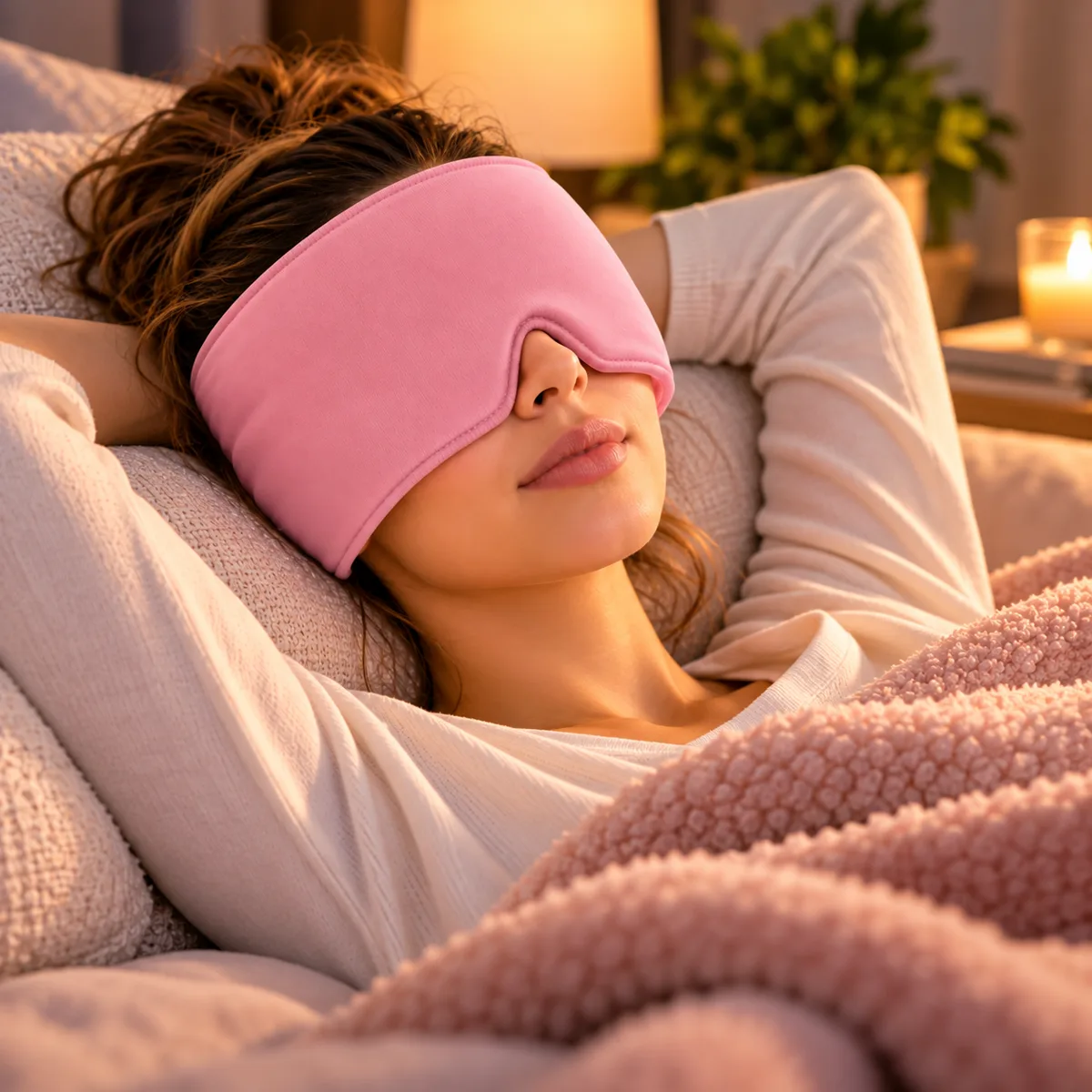 Mulher descansando no sofá usando a touca térmica rosa sobre os olhos