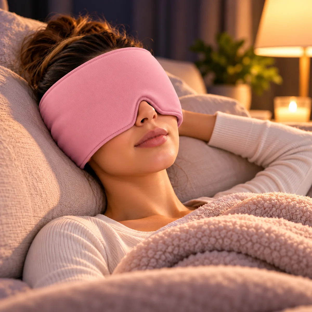 Mulher relaxando no sofá com a touca térmica rosa, em ambiente aconchegante